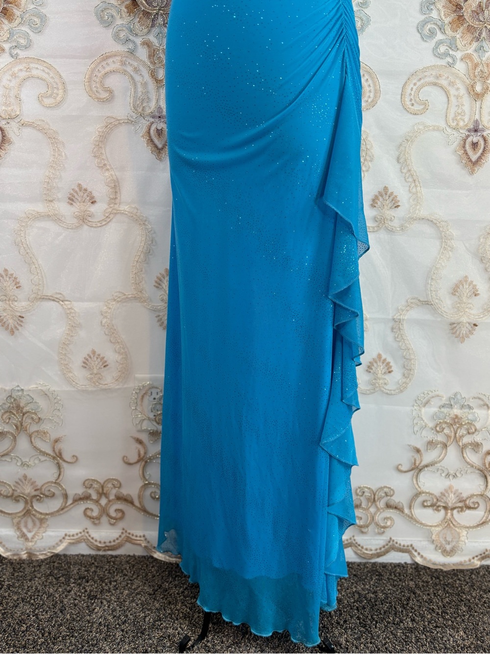✨Vintage Y2K Aqua Shimmer Ruched Halter Mermaid Maxi Dress✨ - Picture 3 of 7